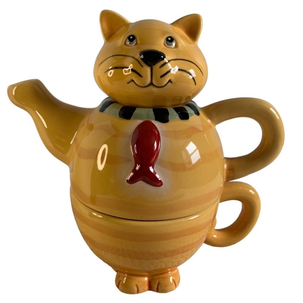 THT Designs Cat Teapot Stacked Tea Cup Yellow Ceramic Cute Cat Fish Tag